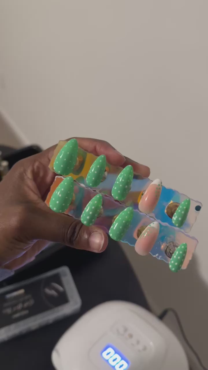 Green Polka Dot w/ French Tip Accent Press-On Set Medium